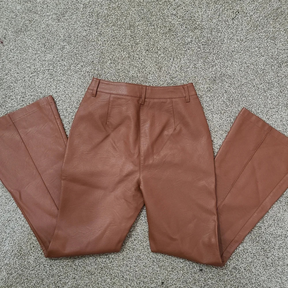 Shinestar brown vegan leather retro high waist flare leg pants - Picture 4 of 4